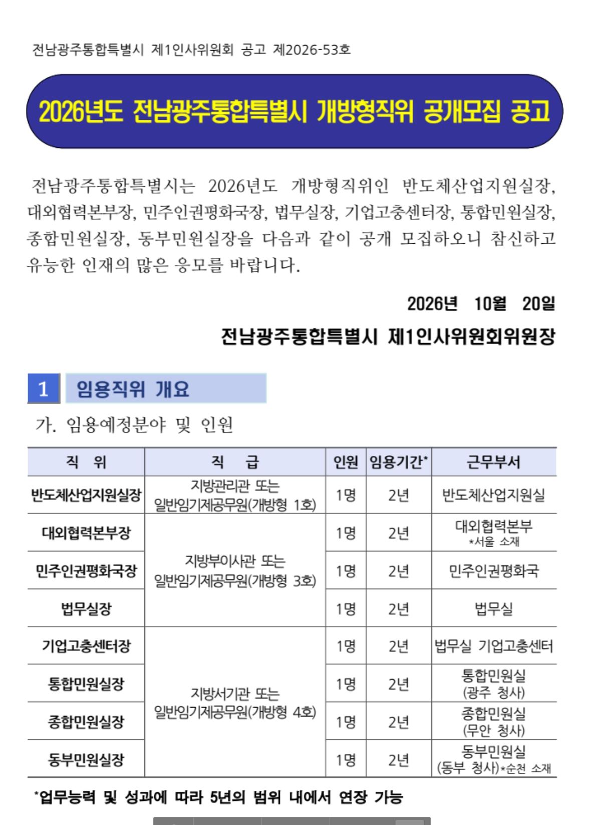 전남광주통합특별시, 2026년도 개방형 직위 8개 분야 공개모집